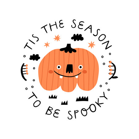 Halloween emblem with funny pumpkin. Print for t shirt, poster, greeting card.のイラスト素材
