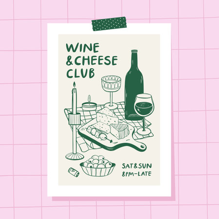 Kitchen Wall art. Invitation for wine and cheese party. Wine tasting concept.のイラスト素材