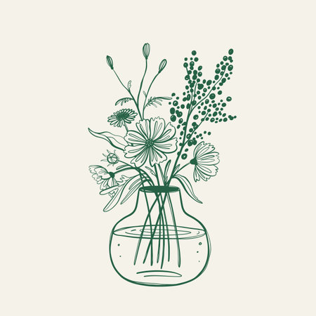 Wildflowers bouquet. Hand drawn flowers and wild plants. Design for wall decor, print, postcard, cover.のイラスト素材