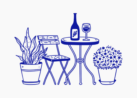 Summer street cafe, restaurant scene. Garden furniture with potted plants.のイラスト素材