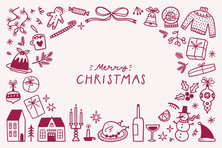 Christmas decorations set. Winter holiday elements in linear crayon style.のイラスト素材