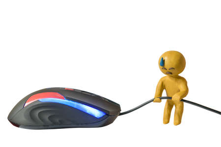 Plasticine human sweat emoji holds wire mouse white backgroundの写真素材