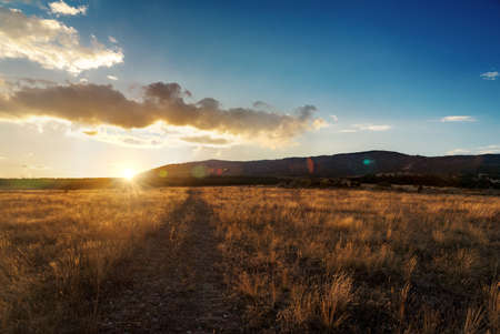 Beautiful orange autumn sunset in dry grass field with road. Mountain background.の写真素材