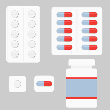 A set of tablets and capsules. Flat design, vector illustration, vector.のイラスト素材