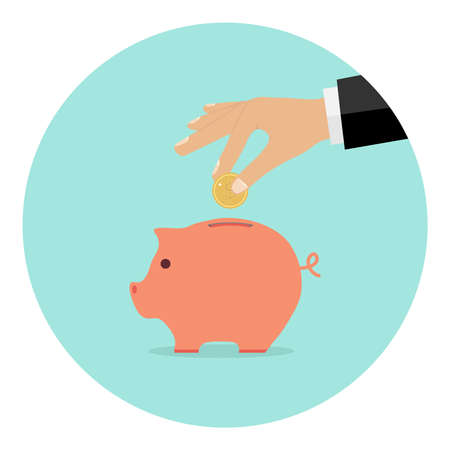 The hand throws a coin into the piggy bank. Flat design, vector illustration, vector.のイラスト素材