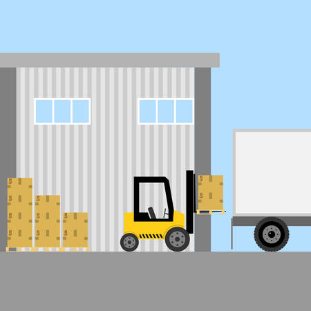 The loader loads the boxes. Flat design, vector illustration, vector.のイラスト素材