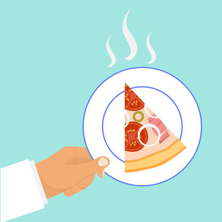 A slice of pizza on a plate. Flat design, vector illustration, vector.のイラスト素材