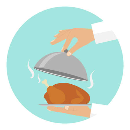 The waiter serves the chicken on a plate. Flat design, vector illustration, vector.のイラスト素材