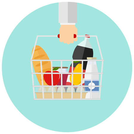Basket with food in hand. Flat design, vector illustration, vector.のイラスト素材