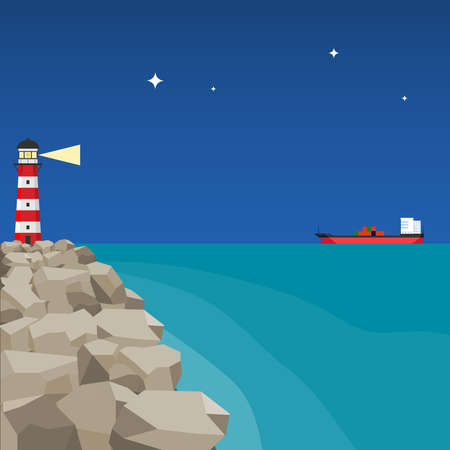 The light illuminates the path to the ship. Flat design, vector illustration, vector.のイラスト素材