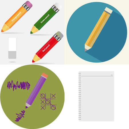 Set of pencils, eraser, notepad. Flat design, vector illustration, vector.のイラスト素材