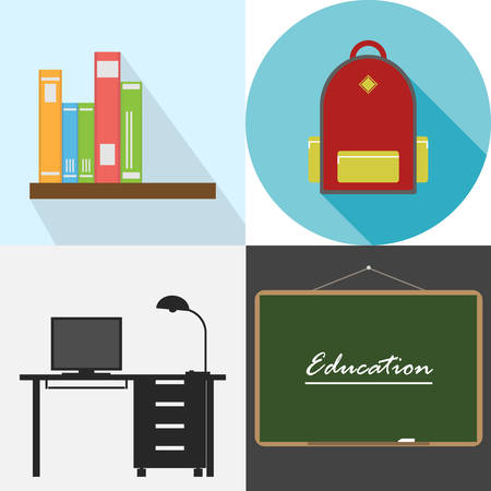 School supplies, backpack, desk, blackboard. Flat design, vector illustrationのイラスト素材