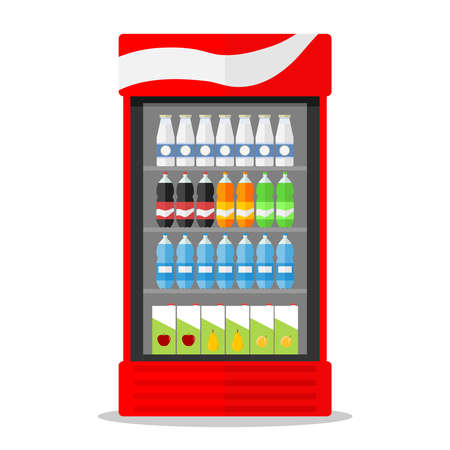 Showcase fridge with milk and juice. Flat design, vector illustration, vector.のイラスト素材
