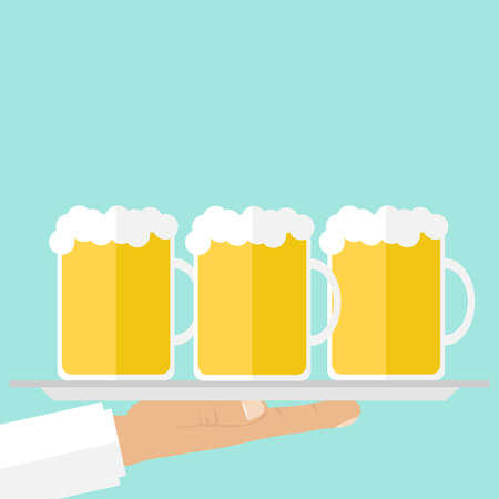 The waiter bears the beer on the tray. Flat design, vector illustration, vector.のイラスト素材