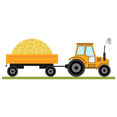 Tractor with a trailer of grain. Flat design, vector illustration, vector.のイラスト素材