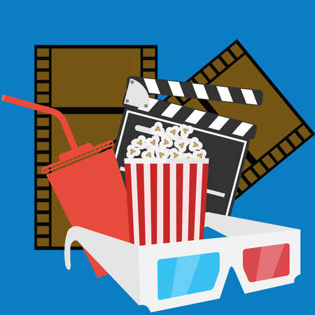 A cinema icon with glasses, popcorn and cola. Flat design, vector illustration, vector.のイラスト素材