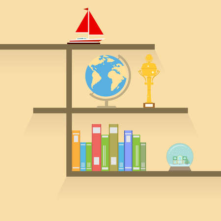 Bookshelf with globe and a gold cup. Flat design, vector illustration, vector.のイラスト素材