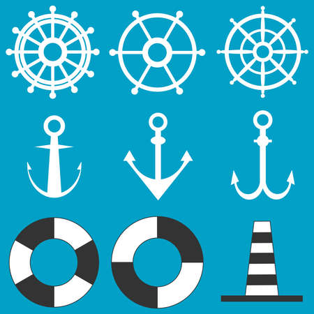 Steering wheel, anchor and buoy. Flat design, vector illustration, vector.のイラスト素材