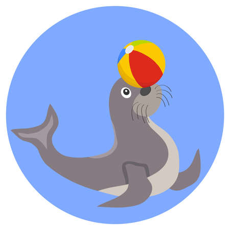 Seal plays with the ball icon. Flat design, vector illustration, vector.のイラスト素材