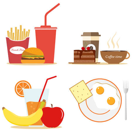 Breakfast food. Lunch coffee, orange and morning nutrition. Flat design, vector illustration, vector.のイラスト素材