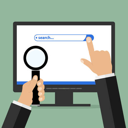 Information search string on the monitor with the hand and magnifying glass in hand. Flat design, vector illustration, vector.のイラスト素材
