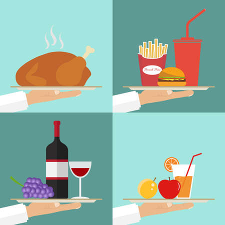 The waiter serves a dish on a tray, a lunch set. Flat design, vector illustration, vector.のイラスト素材