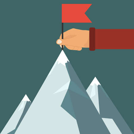 Riding a red flag to the top of the mountain. A successful mission. Flat design, vector illustration, vector.のイラスト素材