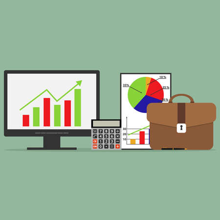 Investment, banking concepts. A monitor with a graph, a calculator, a briefcase, a pen. Set of businessman.のイラスト素材