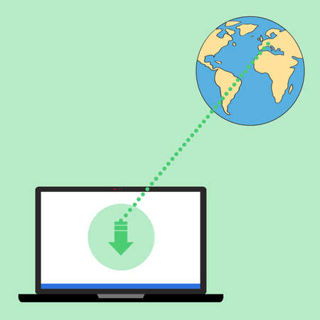 The laptop is downloading a file, the Earth icon. Flat design, vector illustration, vector.のイラスト素材