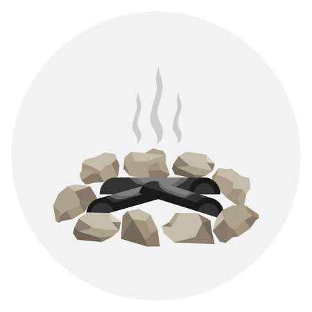 A fading bonfire surrounded by stones. Smoke on the fire, ashes. Flat design, vector illustration, vector.のイラスト素材
