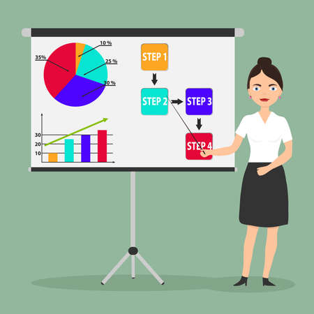 Girl-businessman in suit and tie making presentation explaining charts on a white boardのイラスト素材
