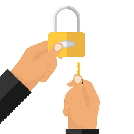 The hand with the key opens the lock. The hand holds the lock.のイラスト素材