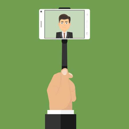 Man makes selfie. A man is taking pictures of himself on the phone. Flat design, vector illustration, vector.のイラスト素材