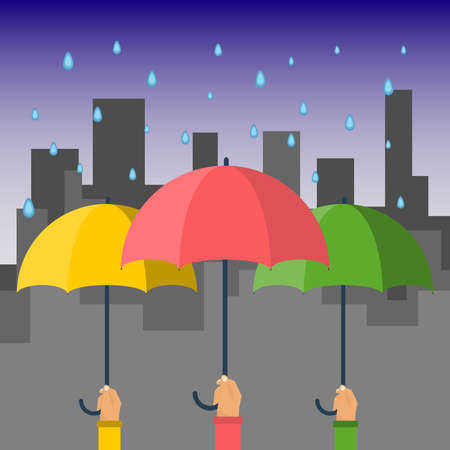 A man's hand holds an umbrella. Drops of rain drip onto the umbrella. Flat design, vector illustration, vector.のイラスト素材