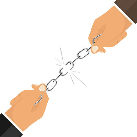 Broken chain, hands tearing the chain Flat design vector illustrationのイラスト素材