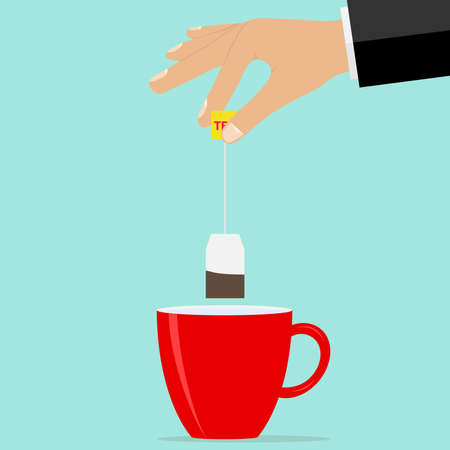 The hand holds a teabag over the cup. Brew tea. Flat design, vector illustration, vector.のイラスト素材