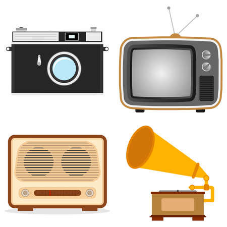 Retro technique. Old TV, camera, radio, gramophone. Flat design, vector illustration, vector.のイラスト素材