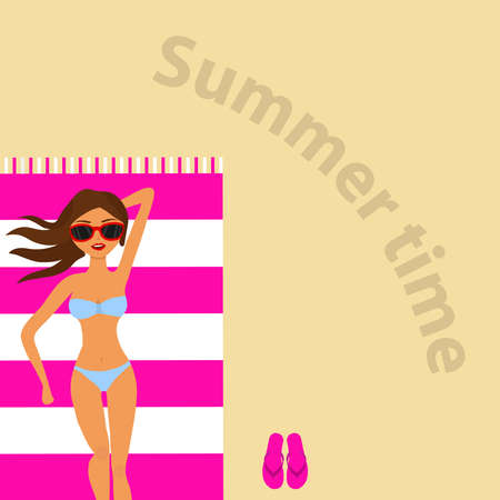 A girl is sunbathing on a towel on the beach. Summer time. Flat design, vector illustration, vector.のイラスト素材