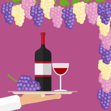 Grapes and a bottle of wine. A bottle of wine with a glass on a tray. Bunch of grapes. Flat design, vector illustration, vector.のイラスト素材