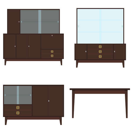 Retro furniture. Sideboard, chest of drawers, bedside table, table. Old furniture. Flat design, vector illustration, vector.のイラスト素材