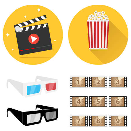 Production of film, film, 3D glasses, popcorn. Shooting a movie. Flat design, vector illustration, vector.のイラスト素材