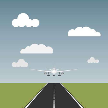 The plane comes to land, the plane is on the runway. Flat design, vector illustration, vector.のイラスト素材