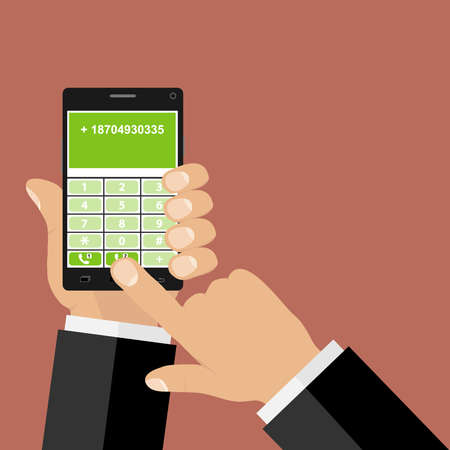 The hand dials the phone number, hands hold the phone. Flat design, vector illustration, vector.のイラスト素材