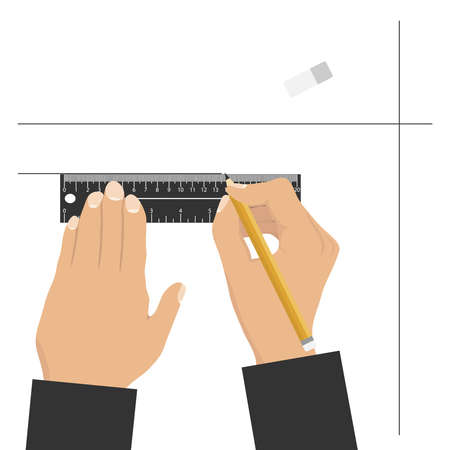Hands hold a ruler and a pencil, hands draw a pencil and a ruler. Flat design, vector illustration, vector.のイラスト素材
