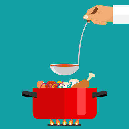 The hand holds a ladle of soup. Casserole with soup on fire. Flat design, vector illustration, vector.のイラスト素材