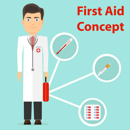The doctor provides first aid. The doctor holds a suitcase with a thermometer, a syringe and tablets in his hand. Flat design, vector illustration, vector.のイラスト素材