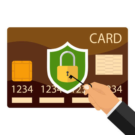 A hand with a key opens a credit card flat design vector illustrationのイラスト素材