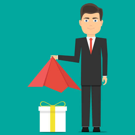 Presentation of the gift. Man shows a gift. Flat design, vector illustration, vector.のイラスト素材