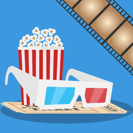 Banner movie. 3D glasses, popcorn, film. Production of the film. Flat design, vector illustration, vector.のイラスト素材