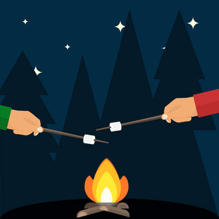 Fry marshmallows over a fire. The hand holds a wand with a marshmallow. Flat design, vector illustration, vector.のイラスト素材